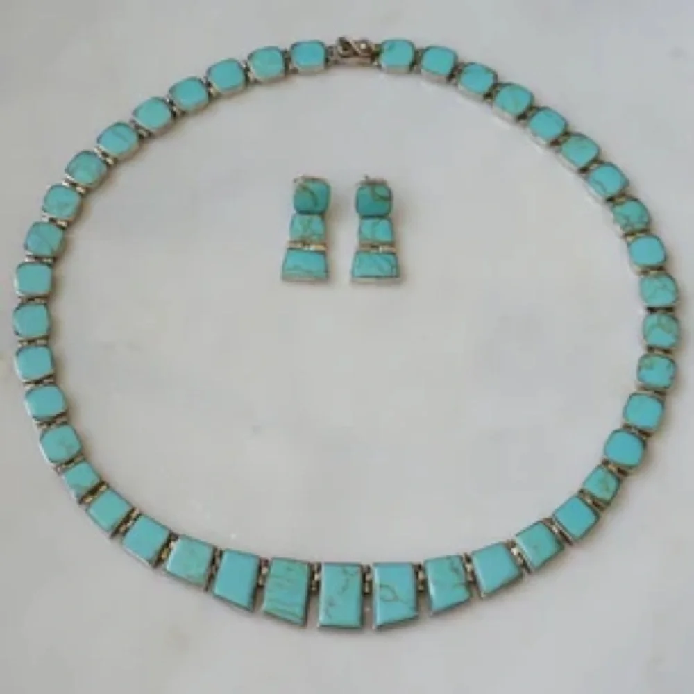 Vintage hand-cut Chilean Turquoise 925 silver earring and necklace set - Picture 3 of 10